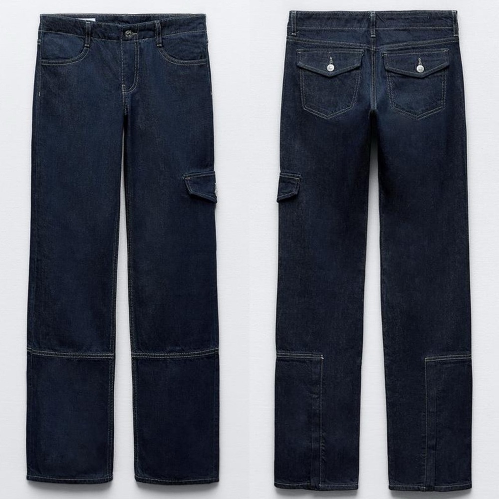 Zara NWT multi pocket cargo dark blue denim straight leg jeans